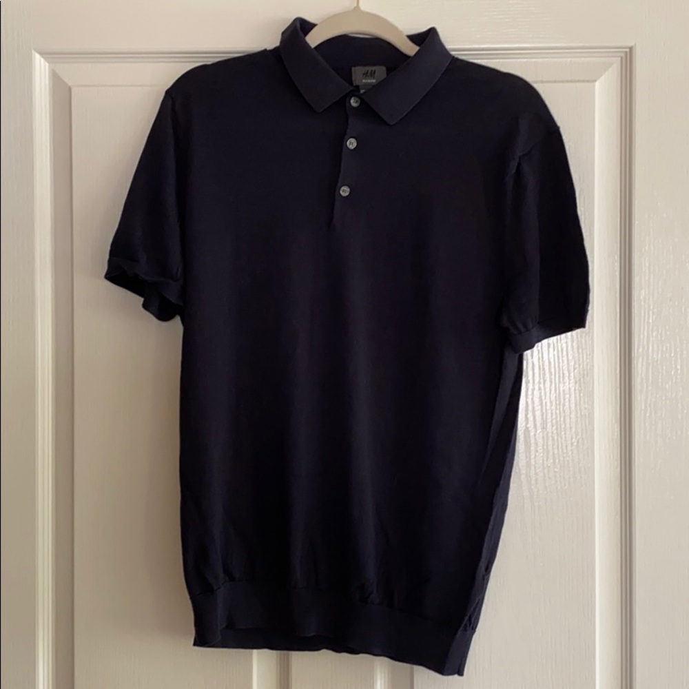 Navy blue silk blend polo shirt